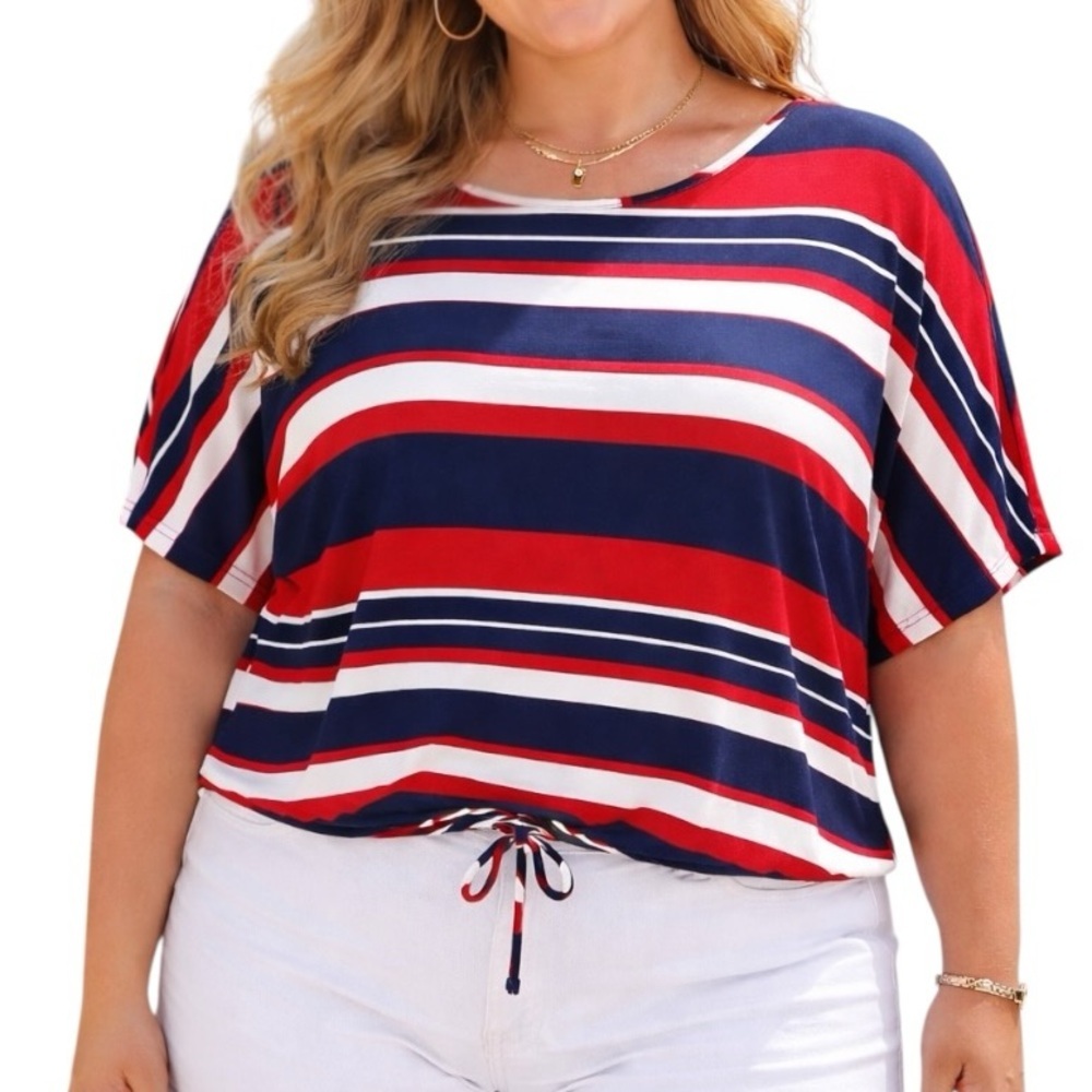 Jennifer Lauren 3X Red White Blue Stripe Dolman Sleeve Shirt Preppy Americana